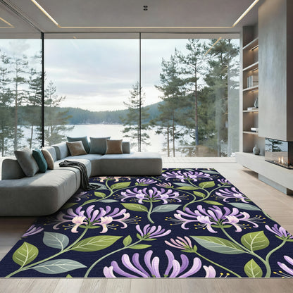 Elegant Navy Honeysuckle Botanical Illustration Rug