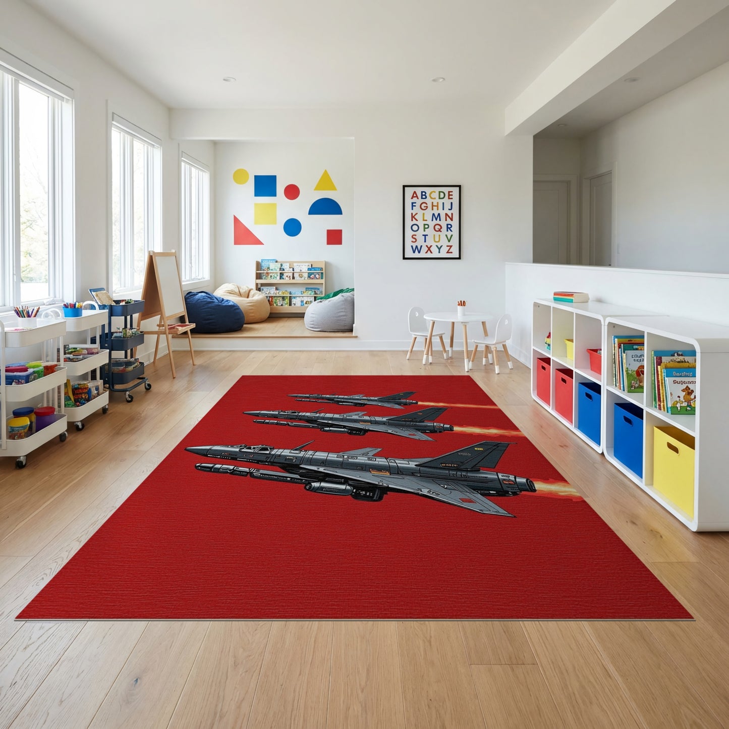 Gray Fighter Jets Flames Formation Rug