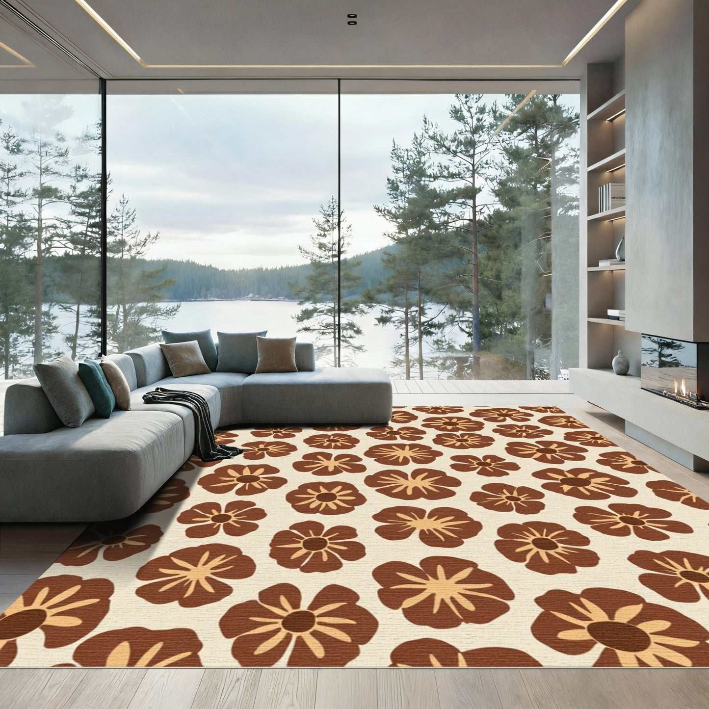 Brown Cream Floral Bloom Arrangement Rug