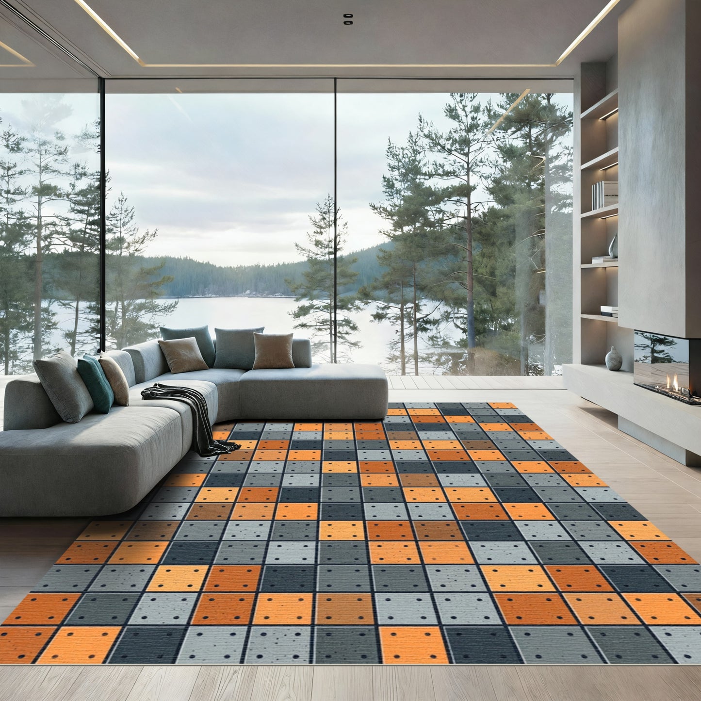 Modern Orange Gray Tile Pattern Rug