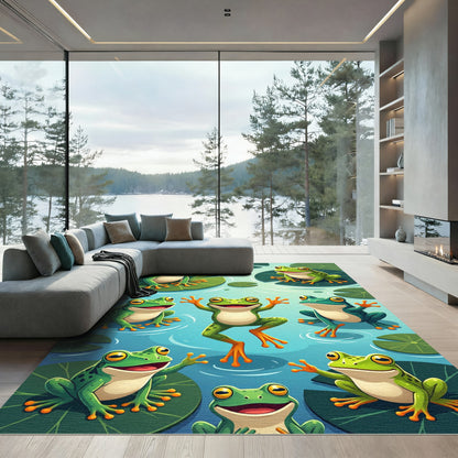 Playful Green Frogs on Lily Pads Rug