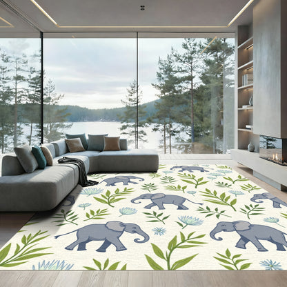 Playful Gray Elephants Green Foliage Garden Rug