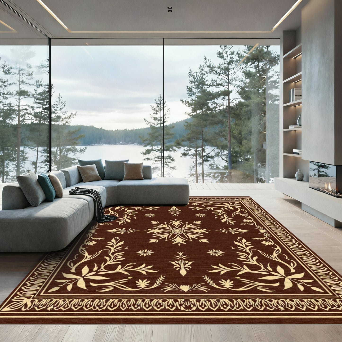 Rich Brown Floral Scroll Borders Rug