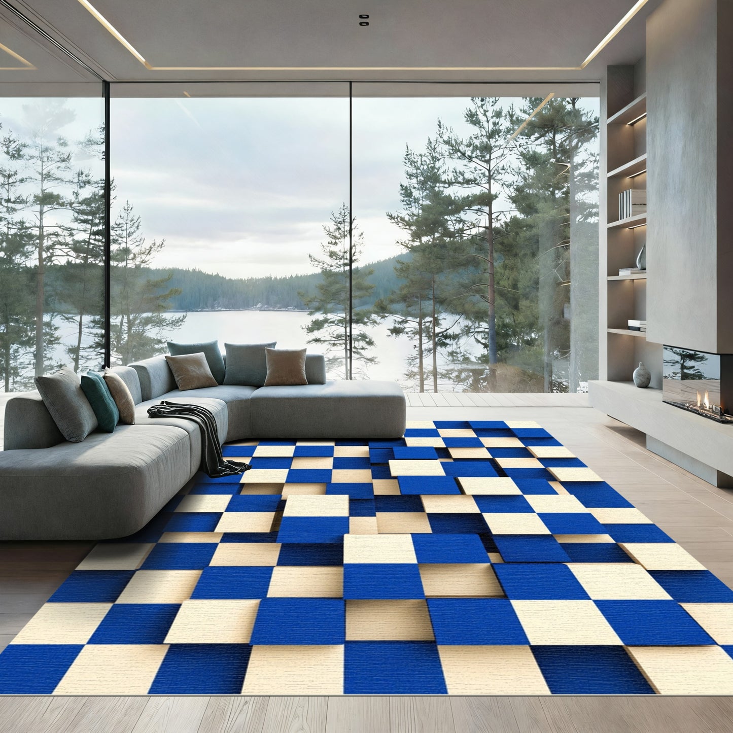 Blue Cream Checkerboard Depth Blocks Rug