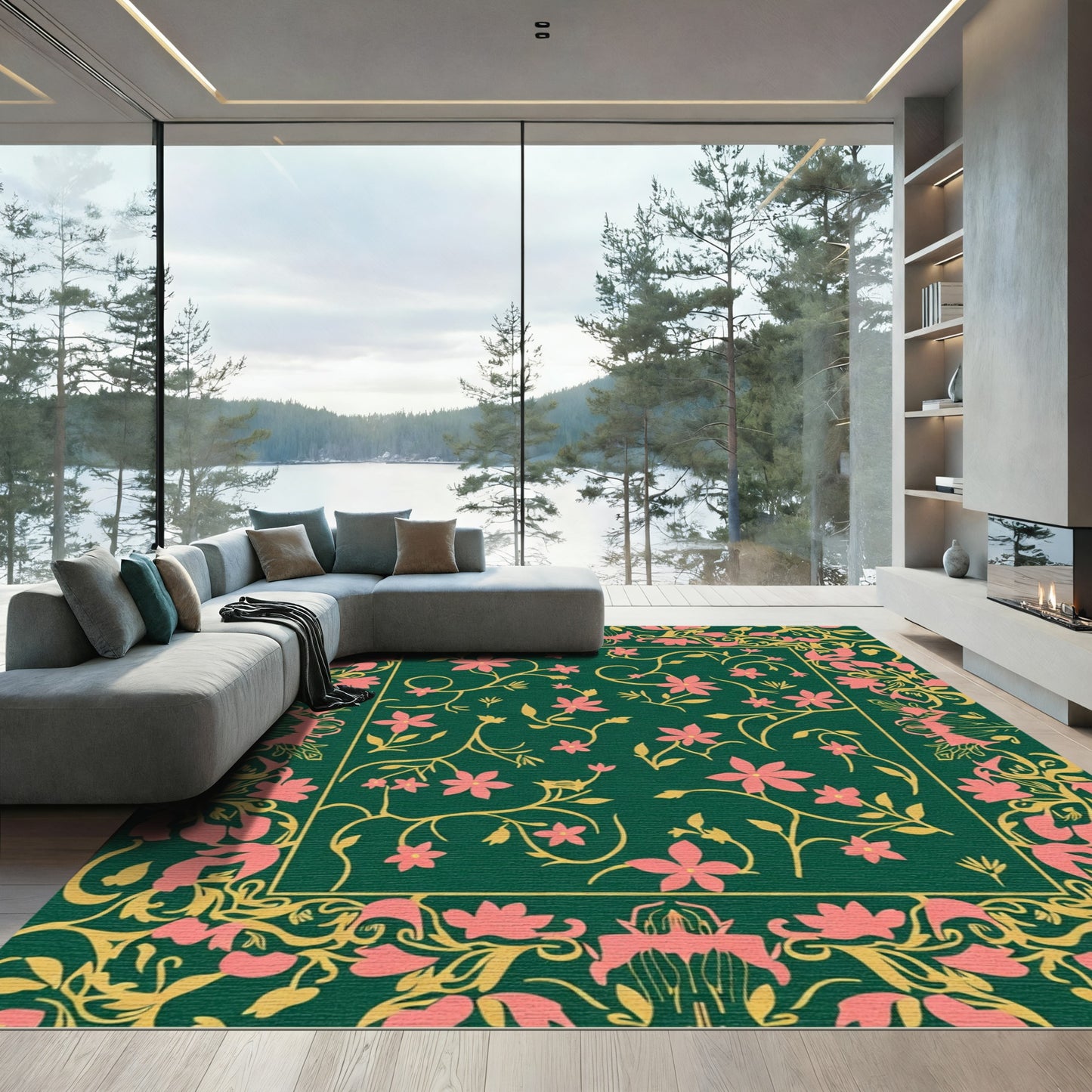 Deep Green Floral Vine Medallion Rug