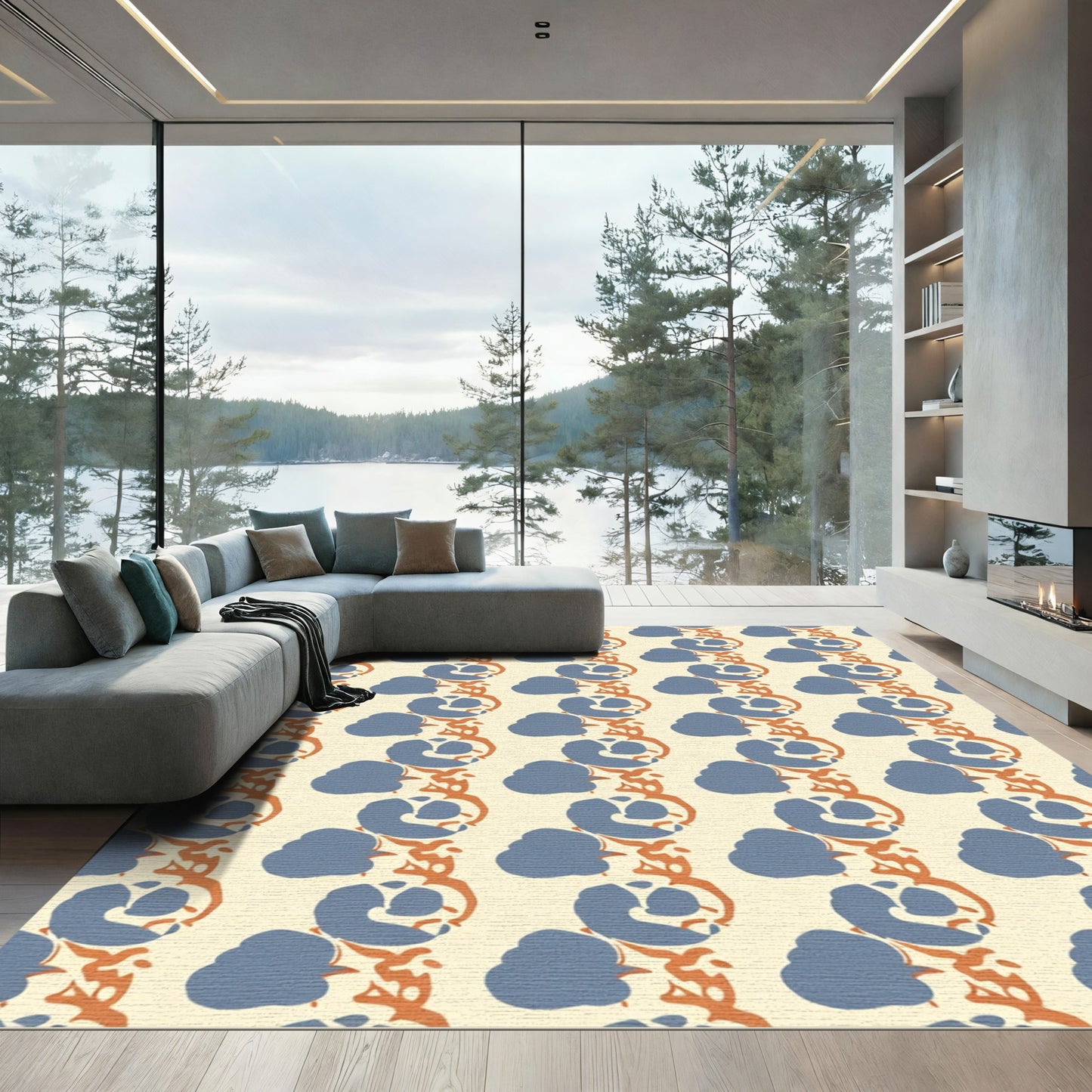 Blue Orange Vertical Blooming Vine Rug