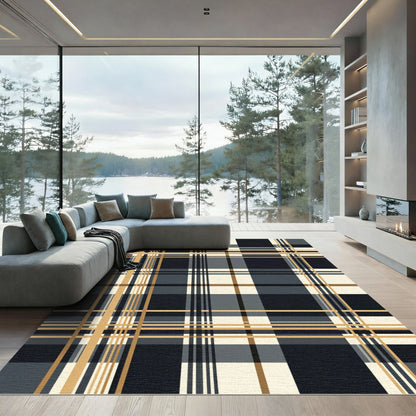 Classic Plaid Navy Gold Lines Rug