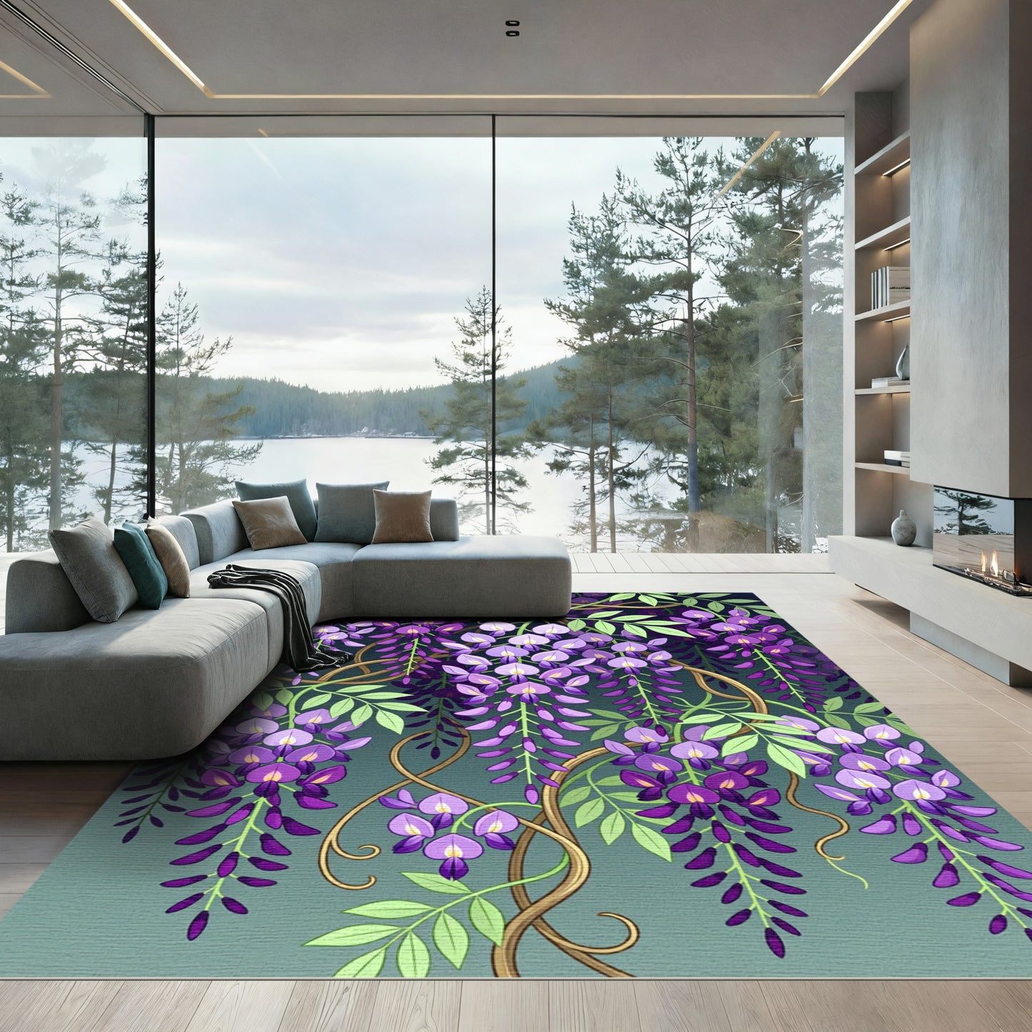 Elegant Purple Wisteria Cascading Floral Rug