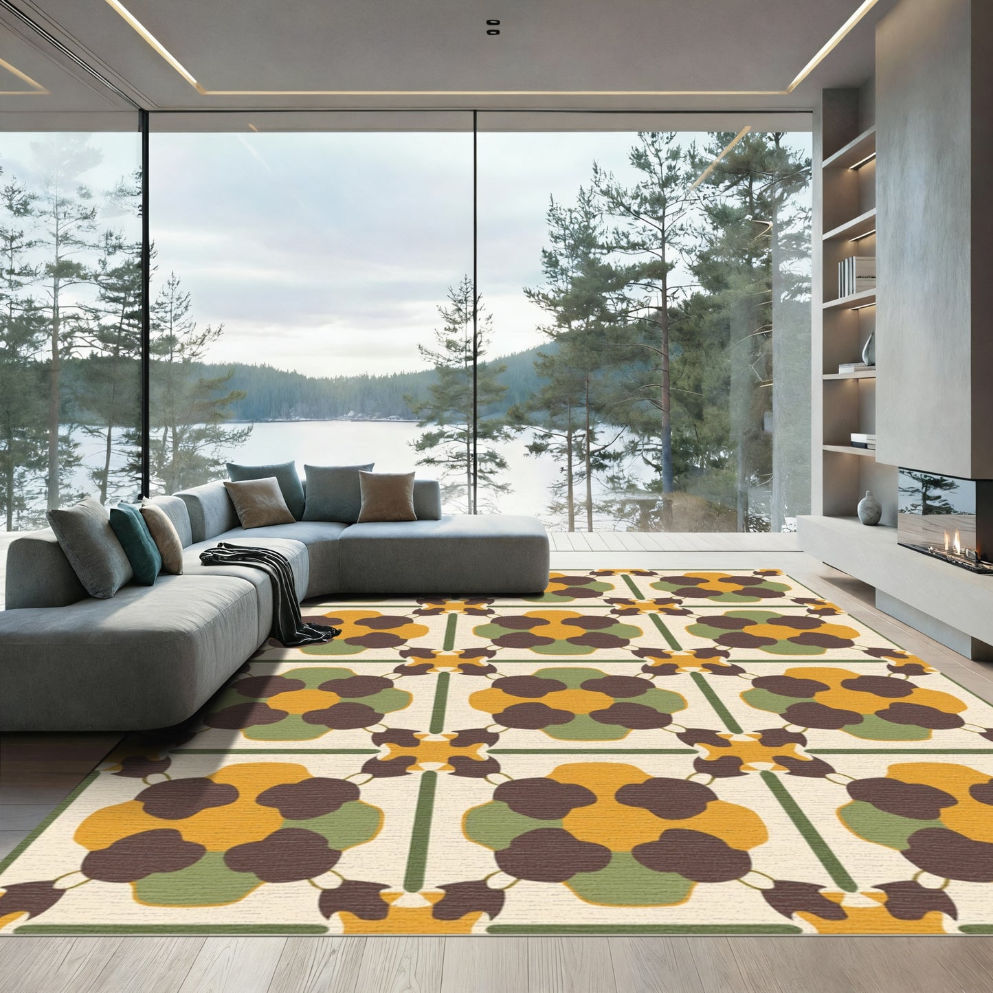 Retro Cream Brown Green Floral Grid Rug