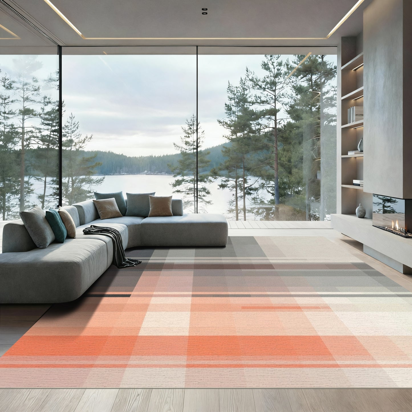 Modern Coral and Gray Pixel Landscape Rug