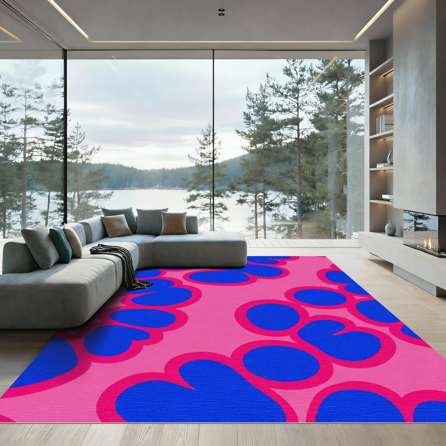 Vibrant Pink Blue Abstract Blobs Rug