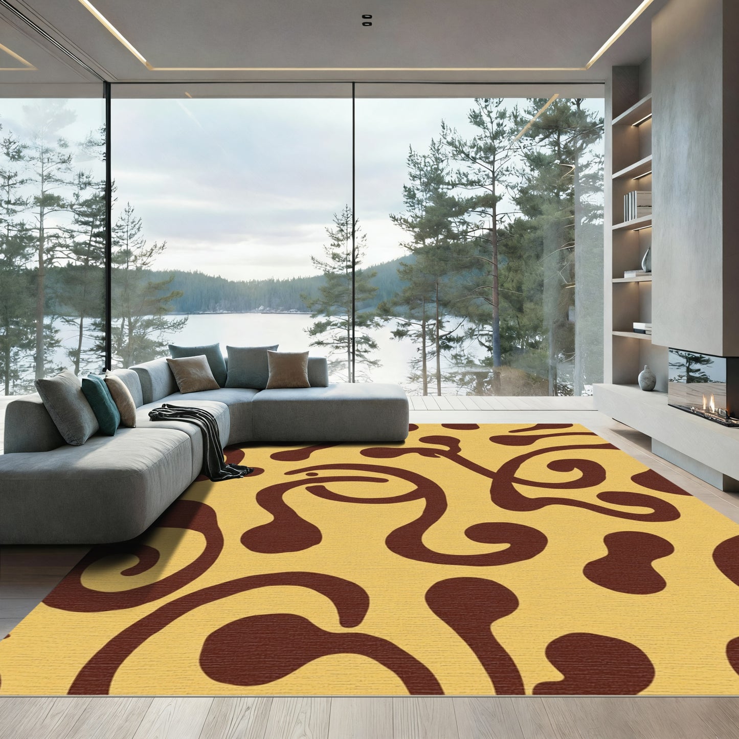 Brown Swirl Abstract Ochre Rug