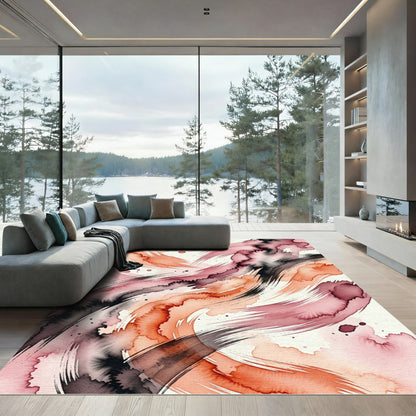 Abstract Crimson Peach Swirl Watercolor Rug