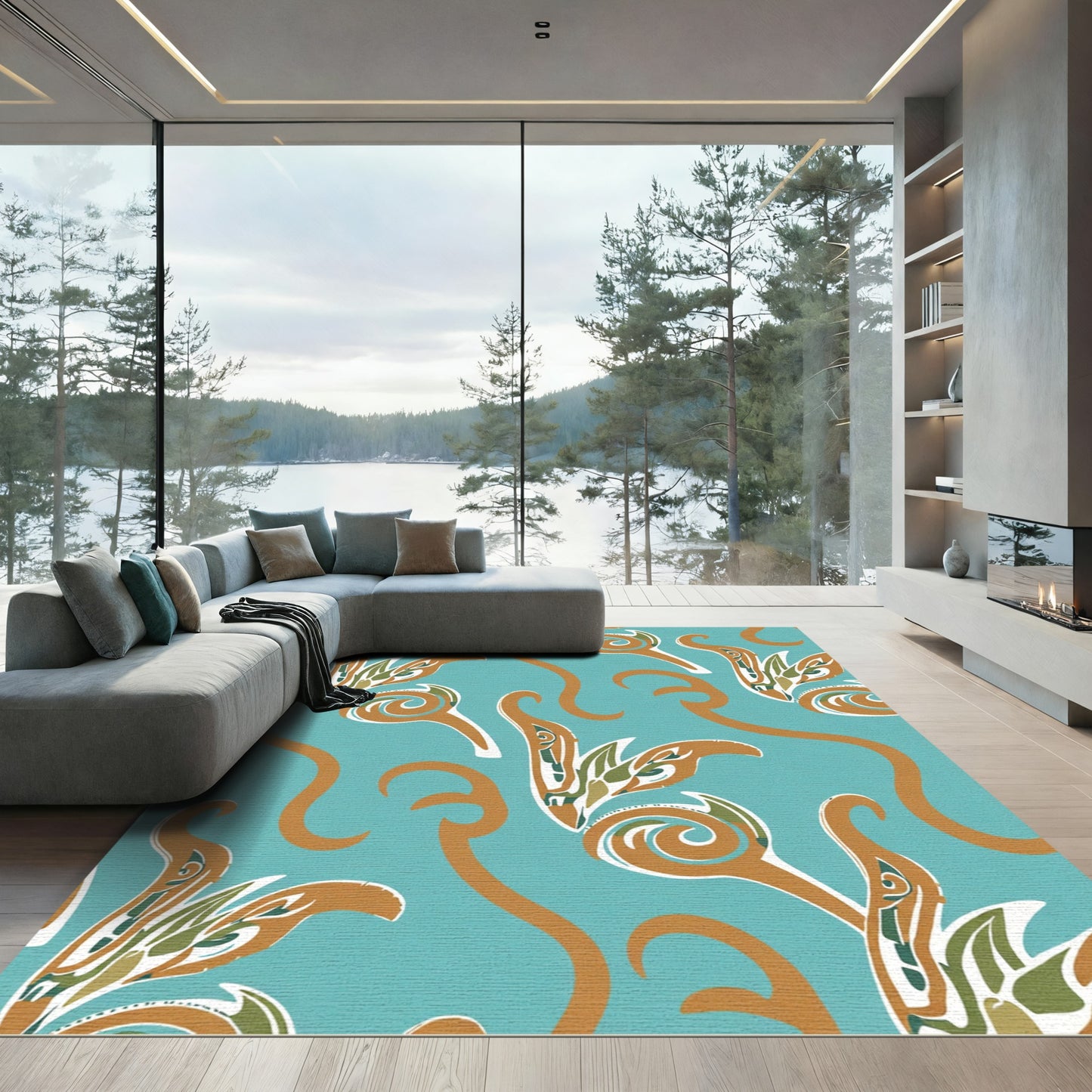 Teal White Gold Tribal Scroll Rug