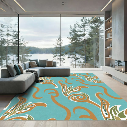 Teal White Gold Tribal Scroll Rug