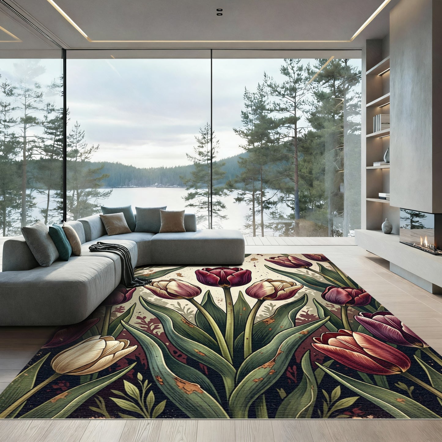 Rich Burgundy Cream Tulip Garden Rug