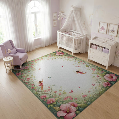 Whimsical Pink Fairy Butterflies Floral Rug