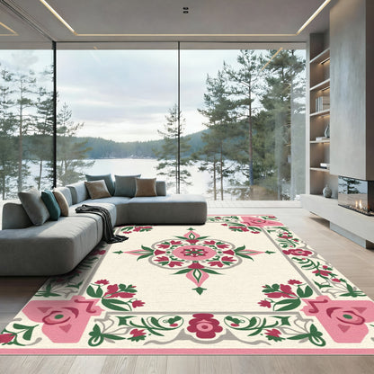 Pink Green Floral Medallion Border Rug