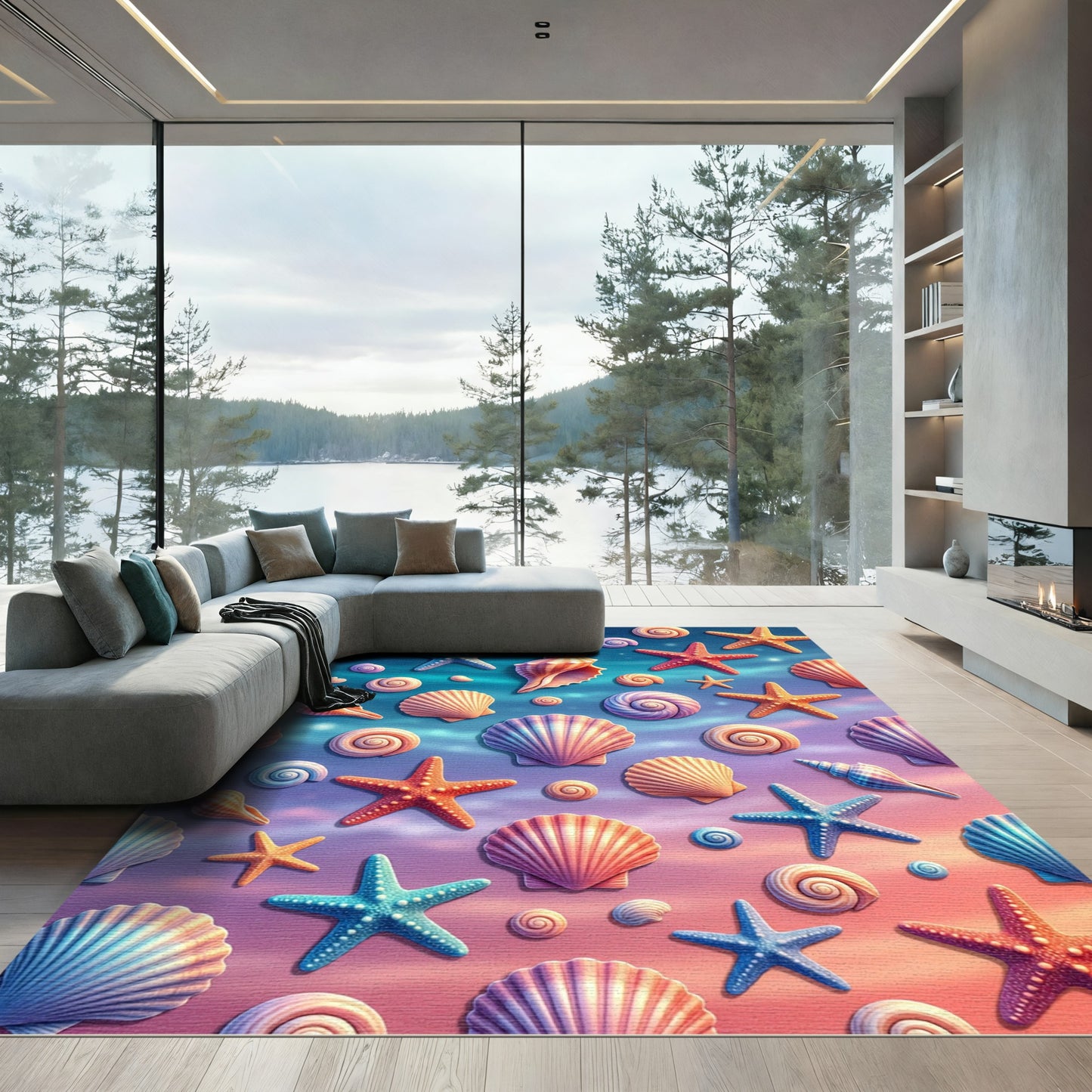 Vibrant Coastal Seashells and Starfish Rug