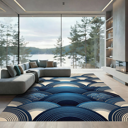 Modern Indigo Concentric Wave Circular Art Rug
