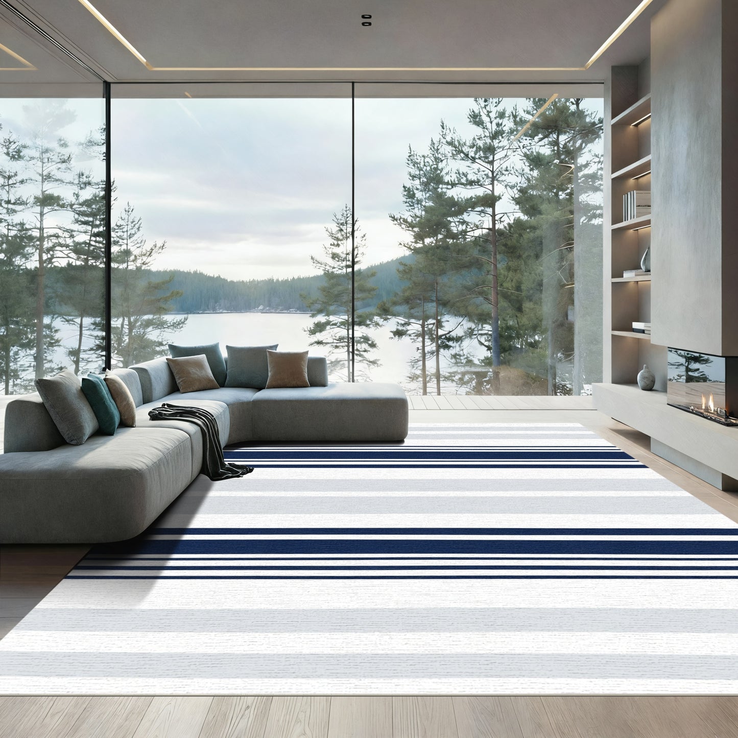 Classic Blue Gray White Stripes Rug