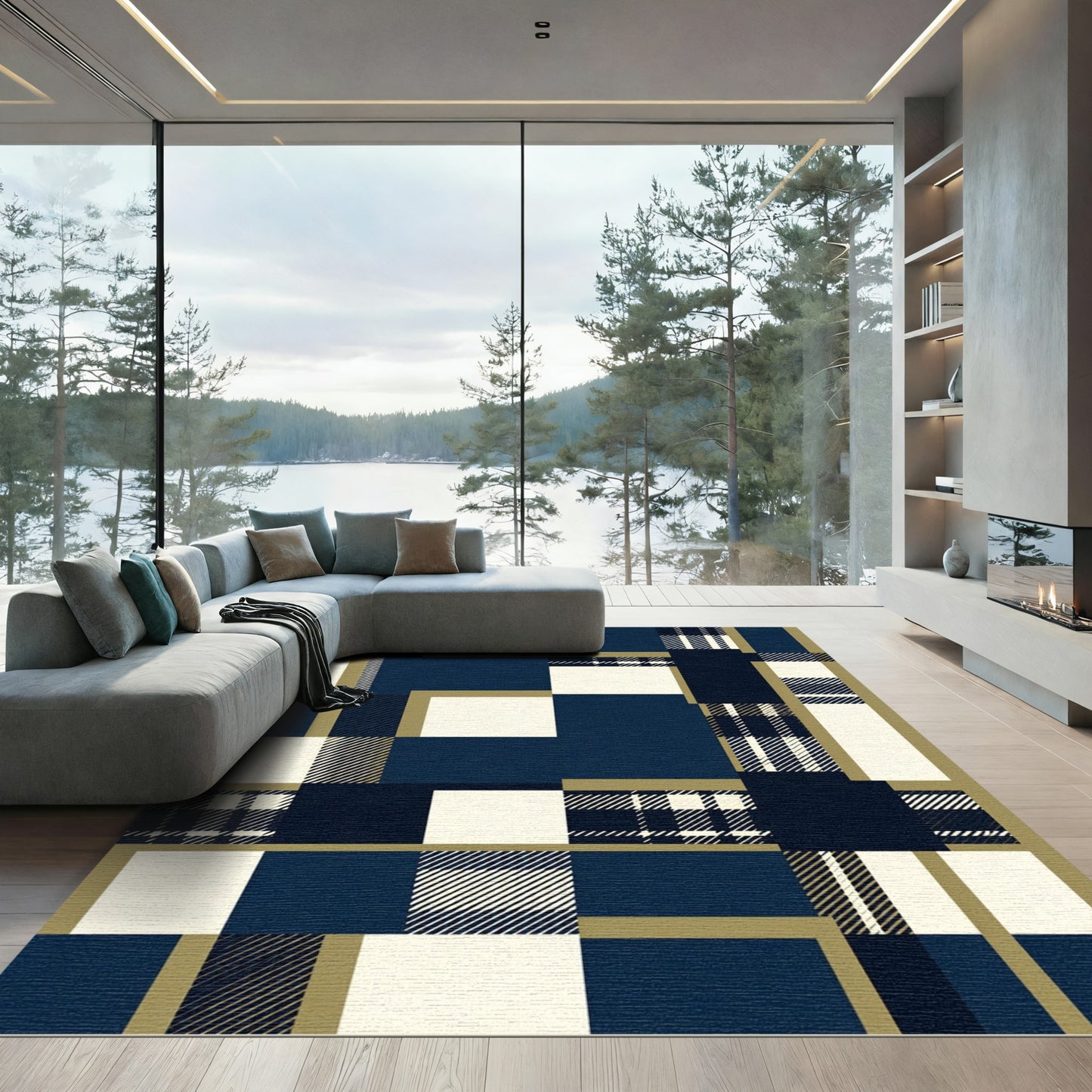 Navy and Cream Plaid Grid Area Rug