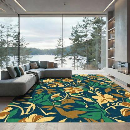 Navy Blue Golden Floral Vine Rug