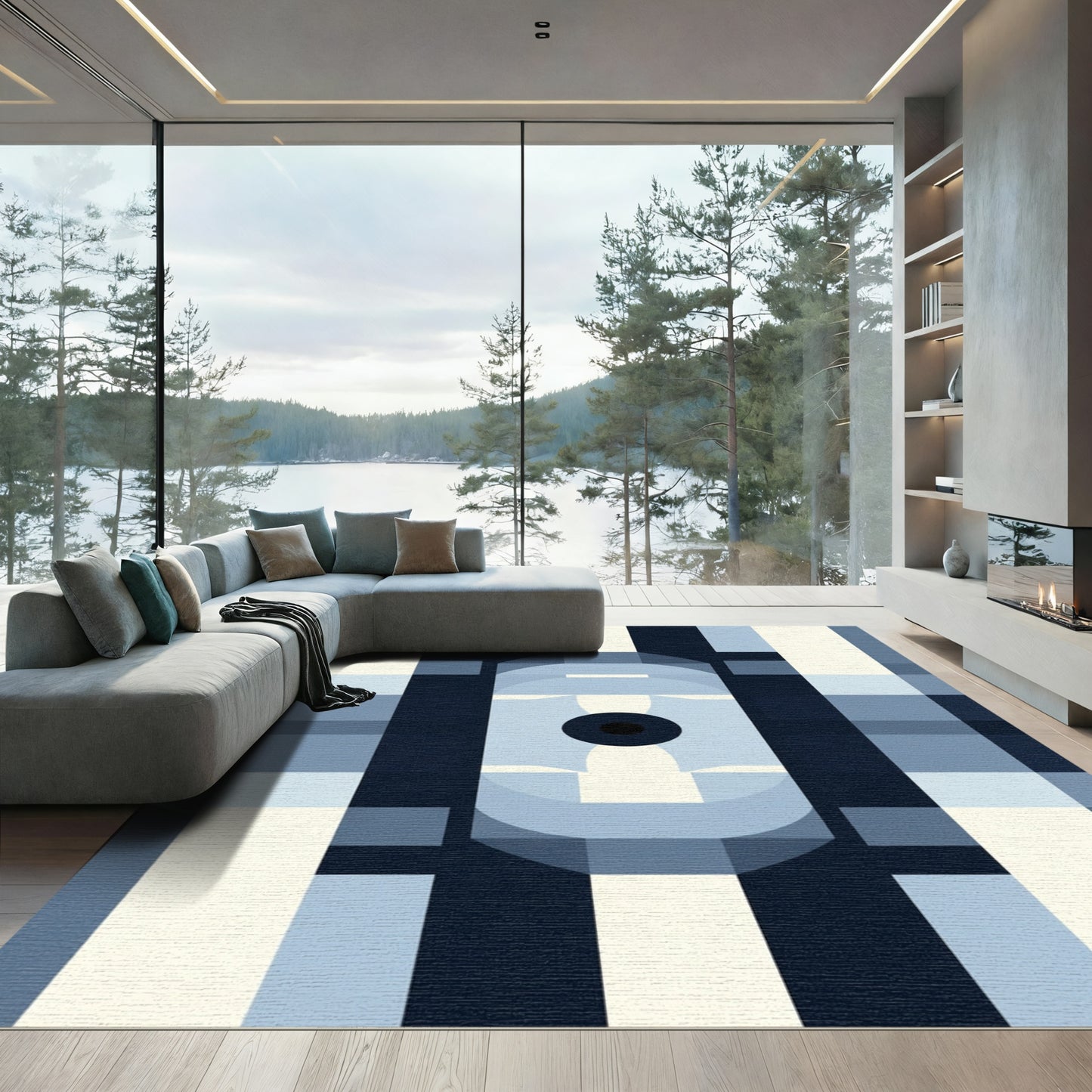 Mid Century Modern Blue Geometric Rug