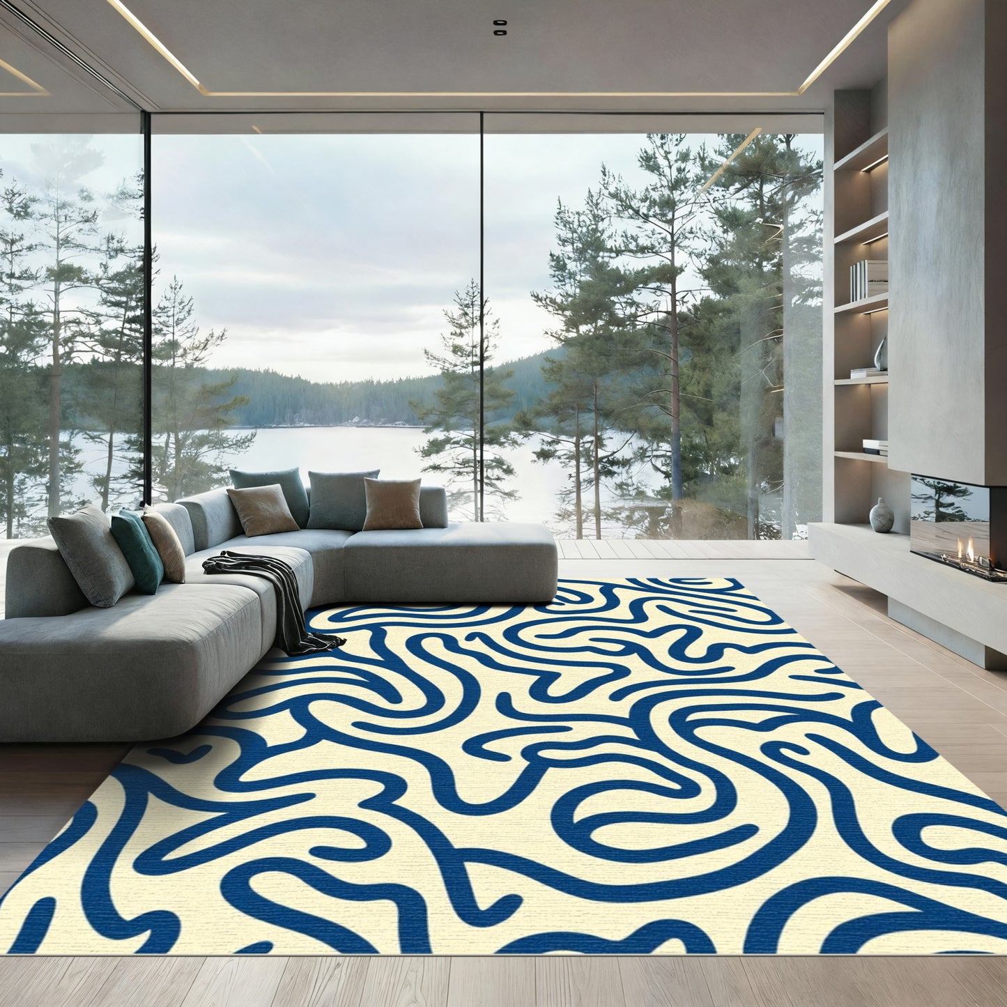 Cream Blue Abstract Swirl Lines Rug