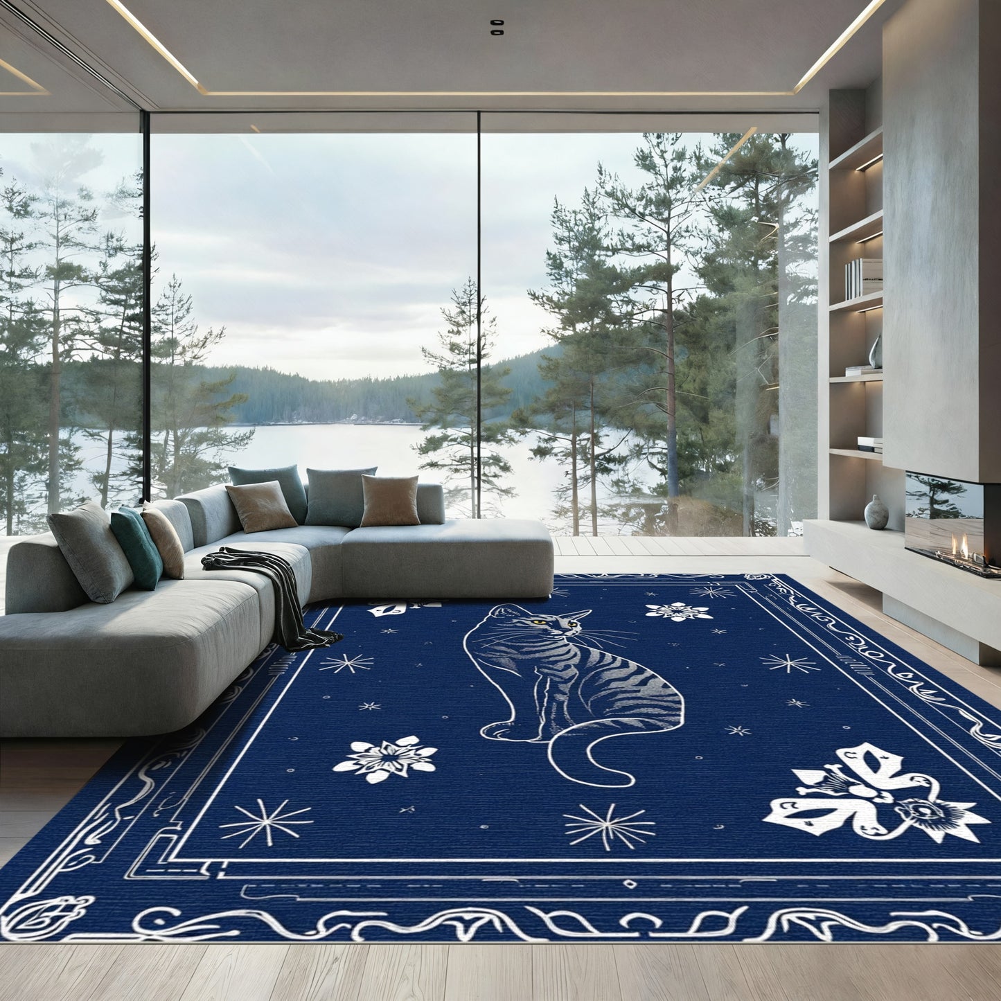 Deep Blue Tabby Cat Floral Charm Rug