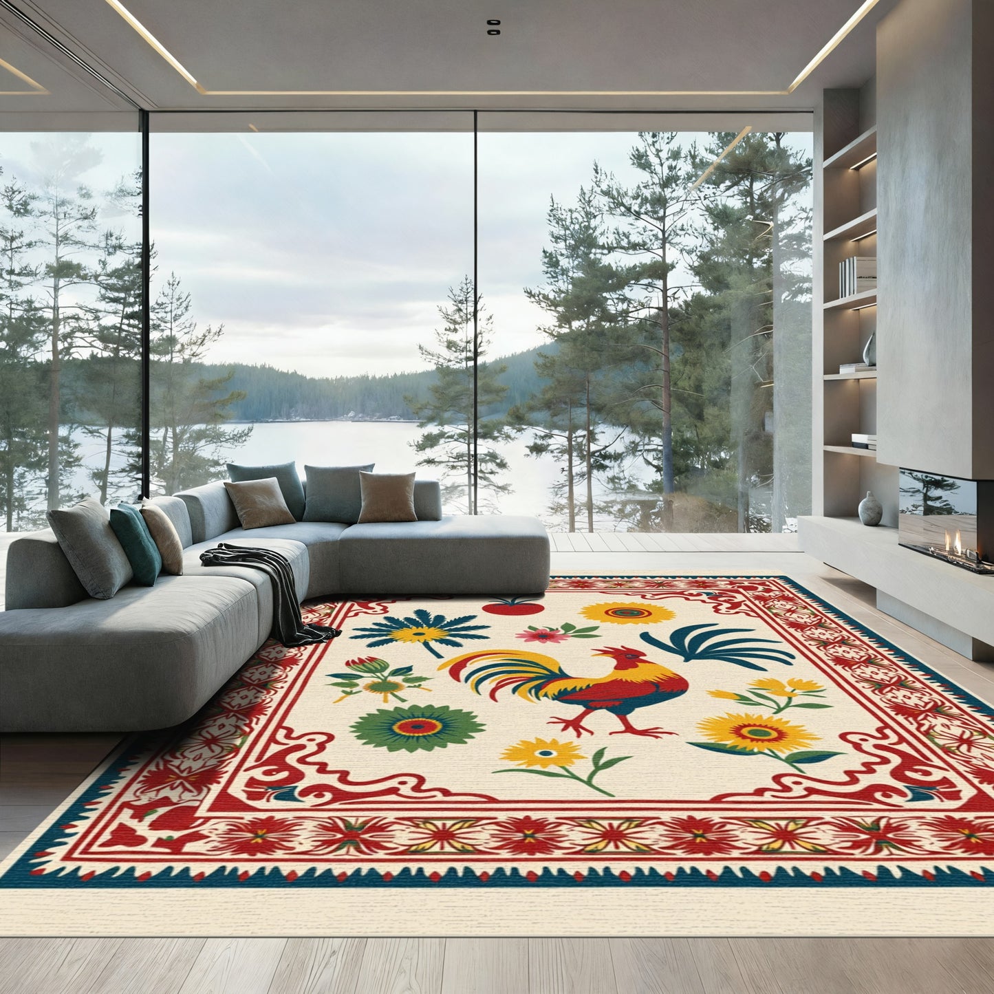 Rooster Floral Border Cream Rug