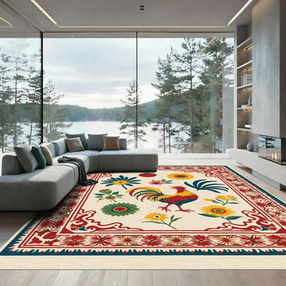 Rooster Floral Border Cream Rug
