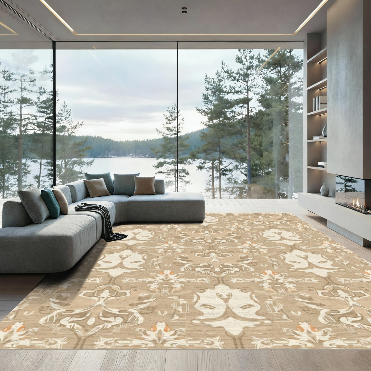 Earthy Neutral Vintage Damask Swirl Rug