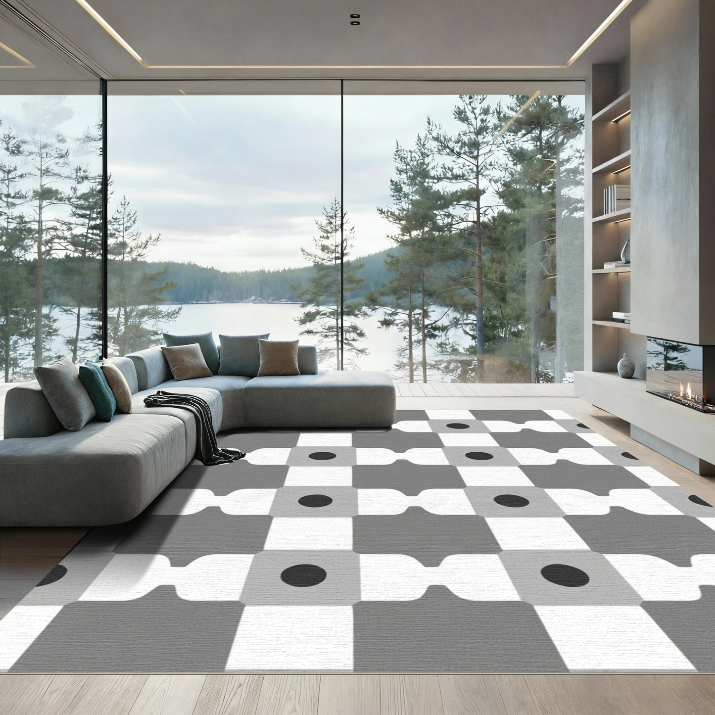 Geometric Gray Checkerboard Dot Rug