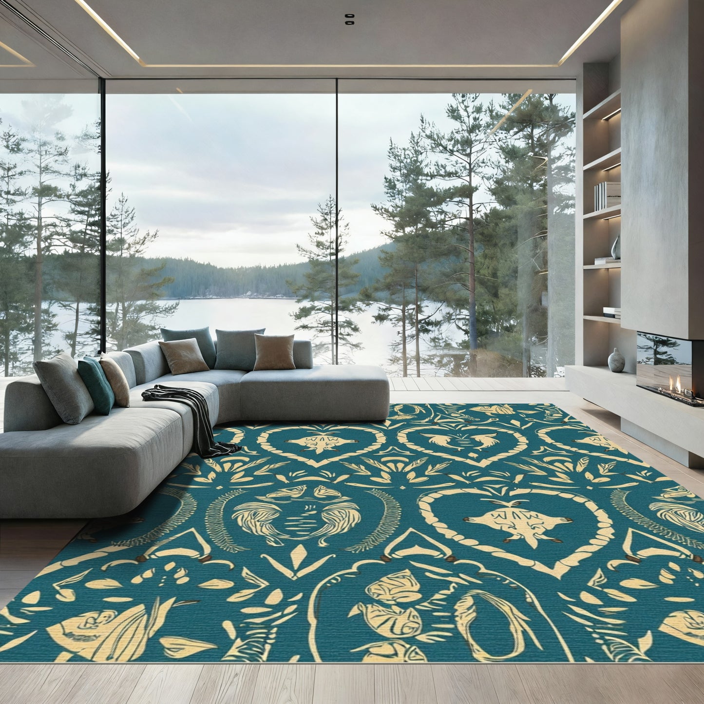 Teal Golden Heart Animal Damask Rug