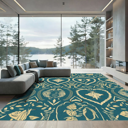 Teal Golden Heart Animal Damask Rug