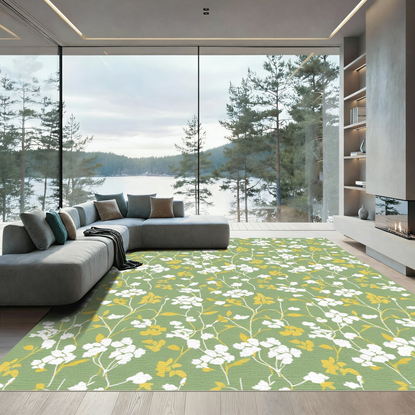 Green White Yellow Floral Branch Rug