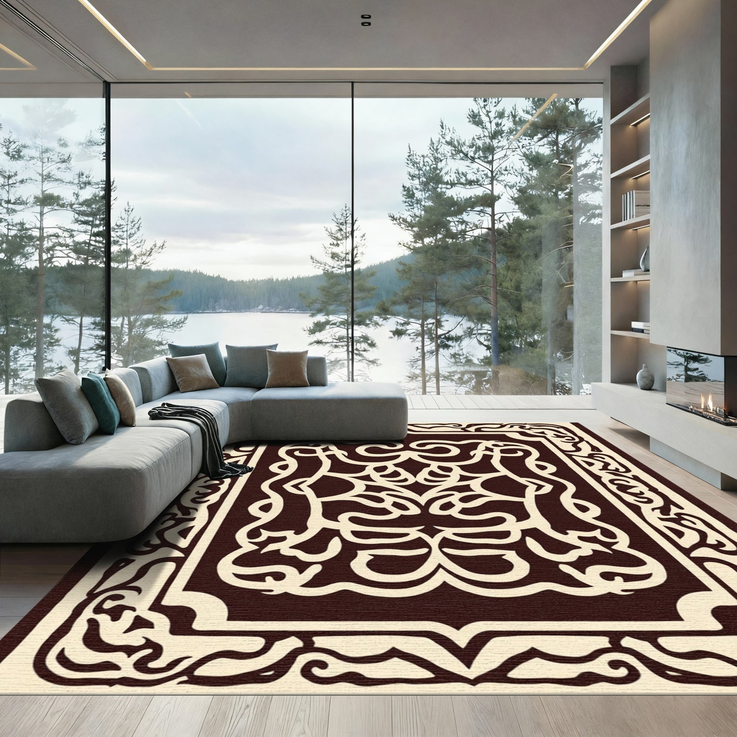Ornate Ivory Black Arabesque Scroll Rug