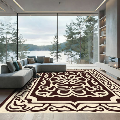Ornate Ivory Black Arabesque Scroll Rug