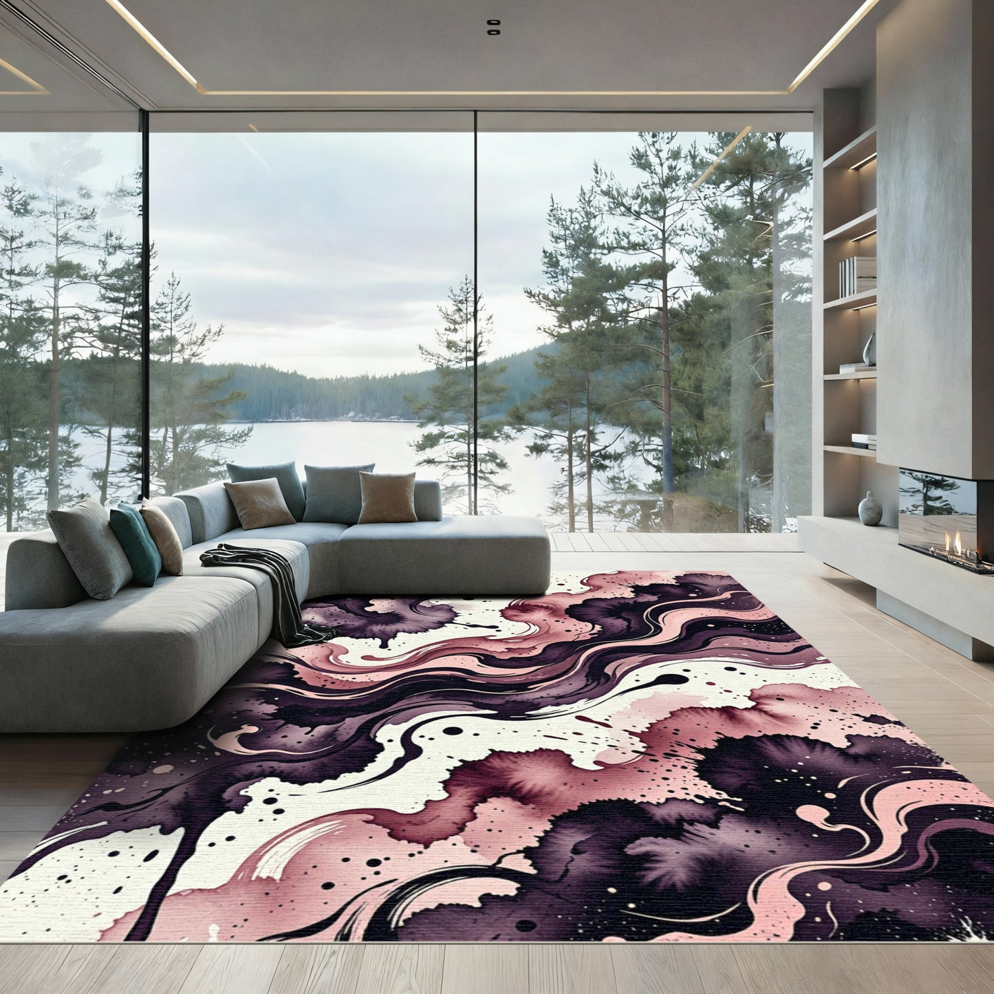 Dark Plum Pink Abstract Swirl Rug
