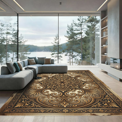 Ornate Gold Filigree Damask Scrollwork Rug