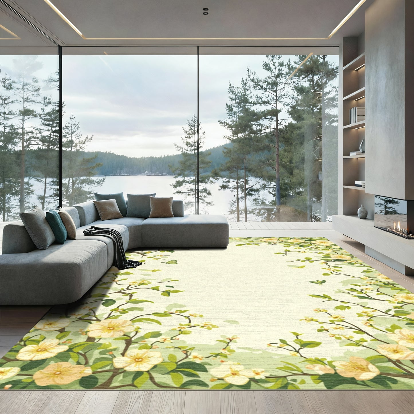 Whimsical Off White Floral Birds Butterflies Rug