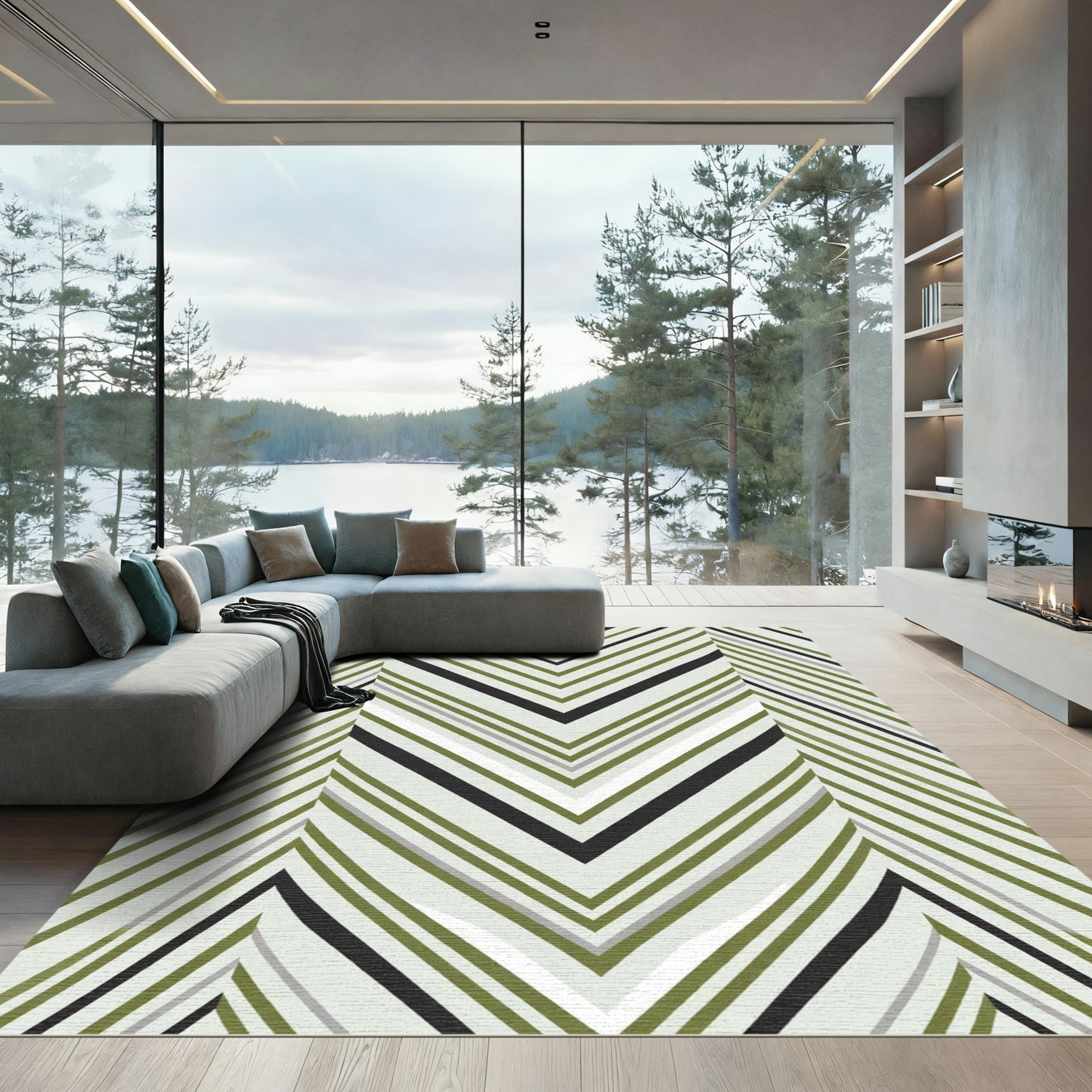 Olive Black Gray Chevron Stripes Rug