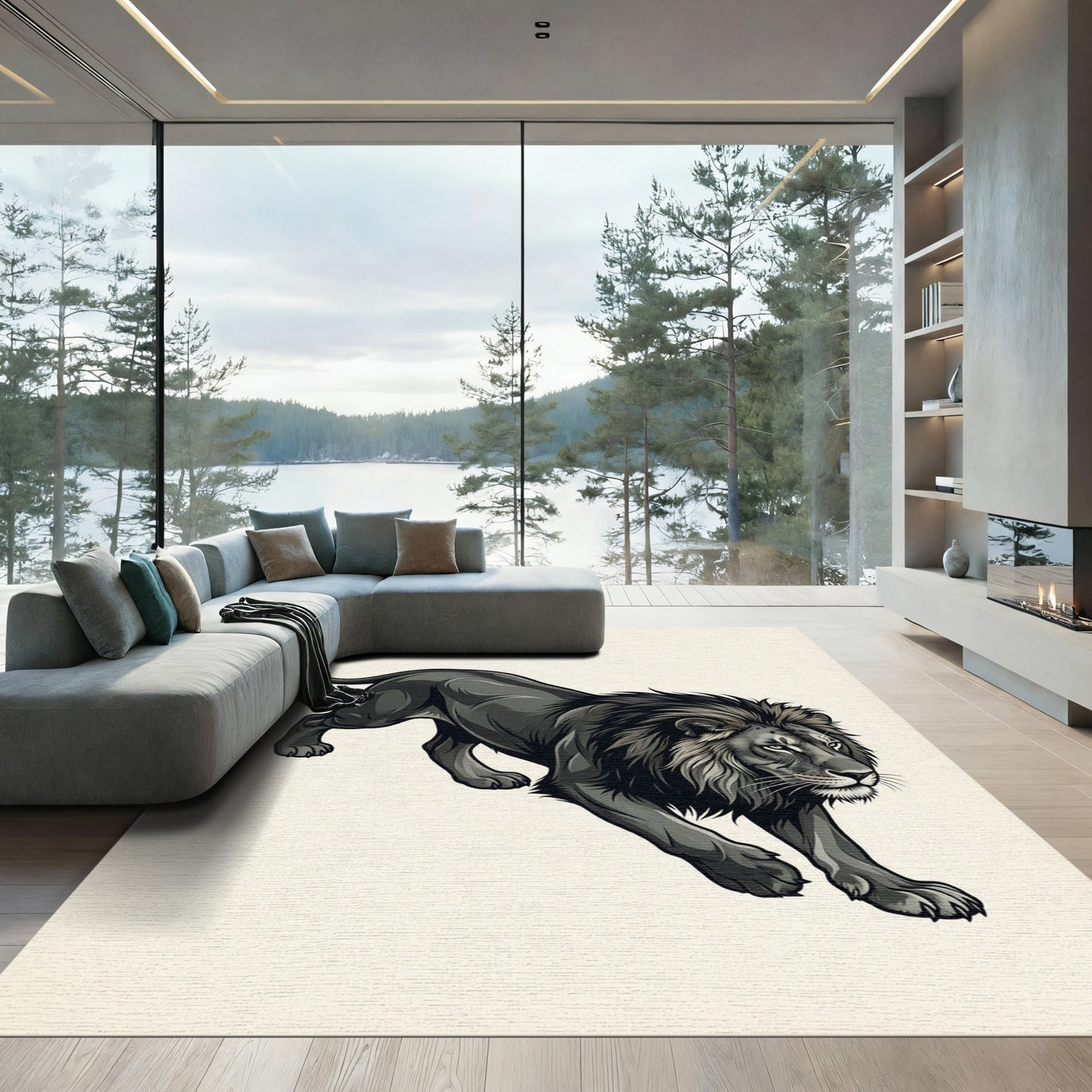 Majestic Monochrome Prowling Lion Illustration Rug