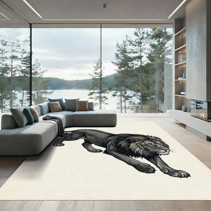 Majestic Monochrome Prowling Lion Illustration Rug