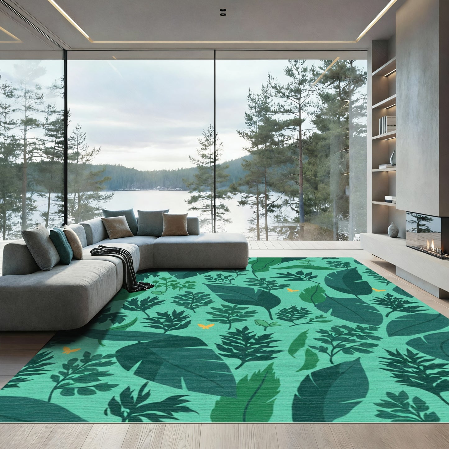 Teal Jungle Foliage Butterfly Arrangement Rug