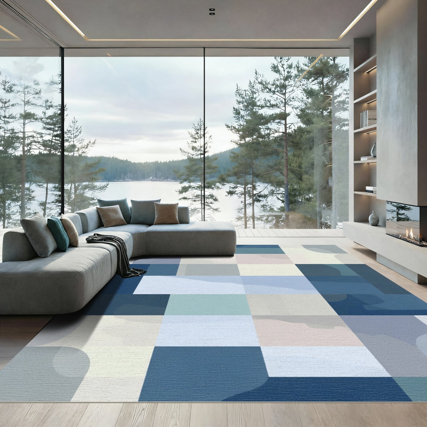Abstract Blue Gradient Geometric Squares Rug