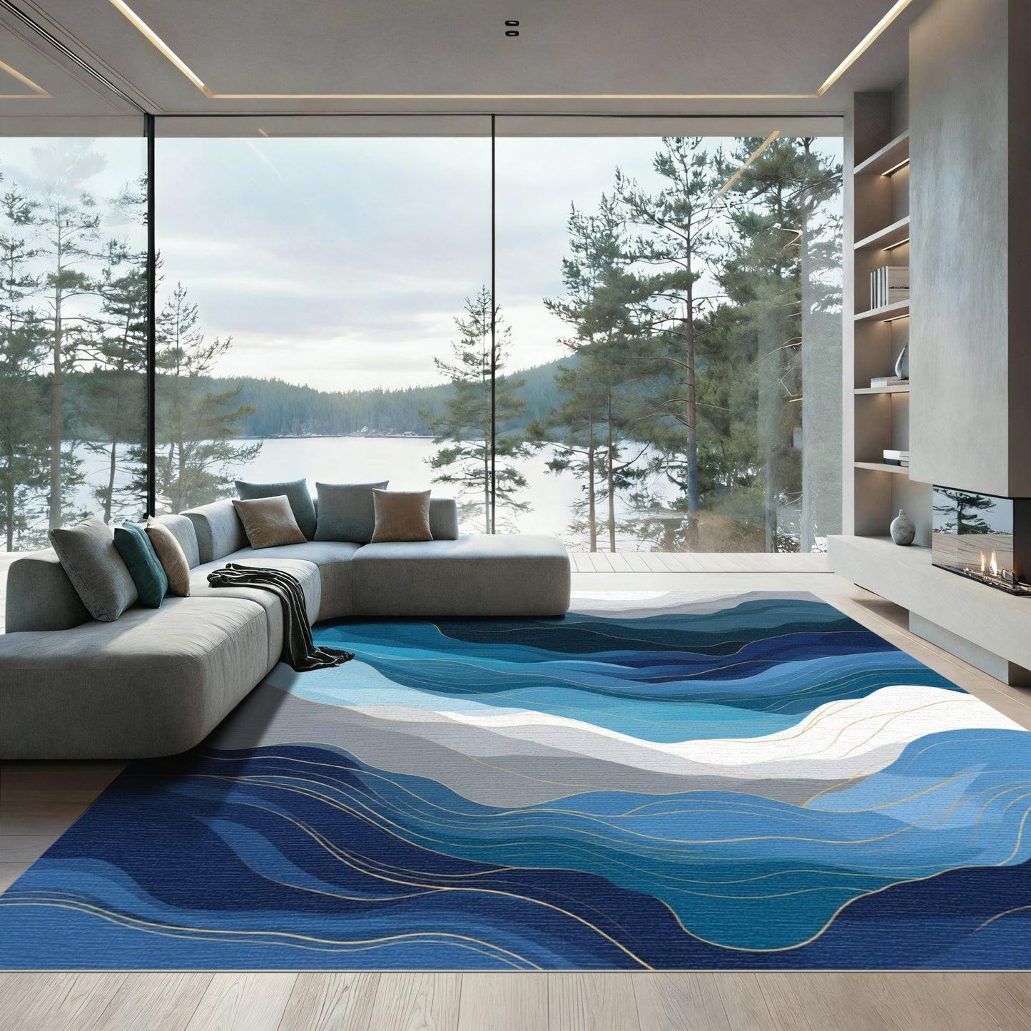 Deep Blue Gradient Wavy Landscape Rug
