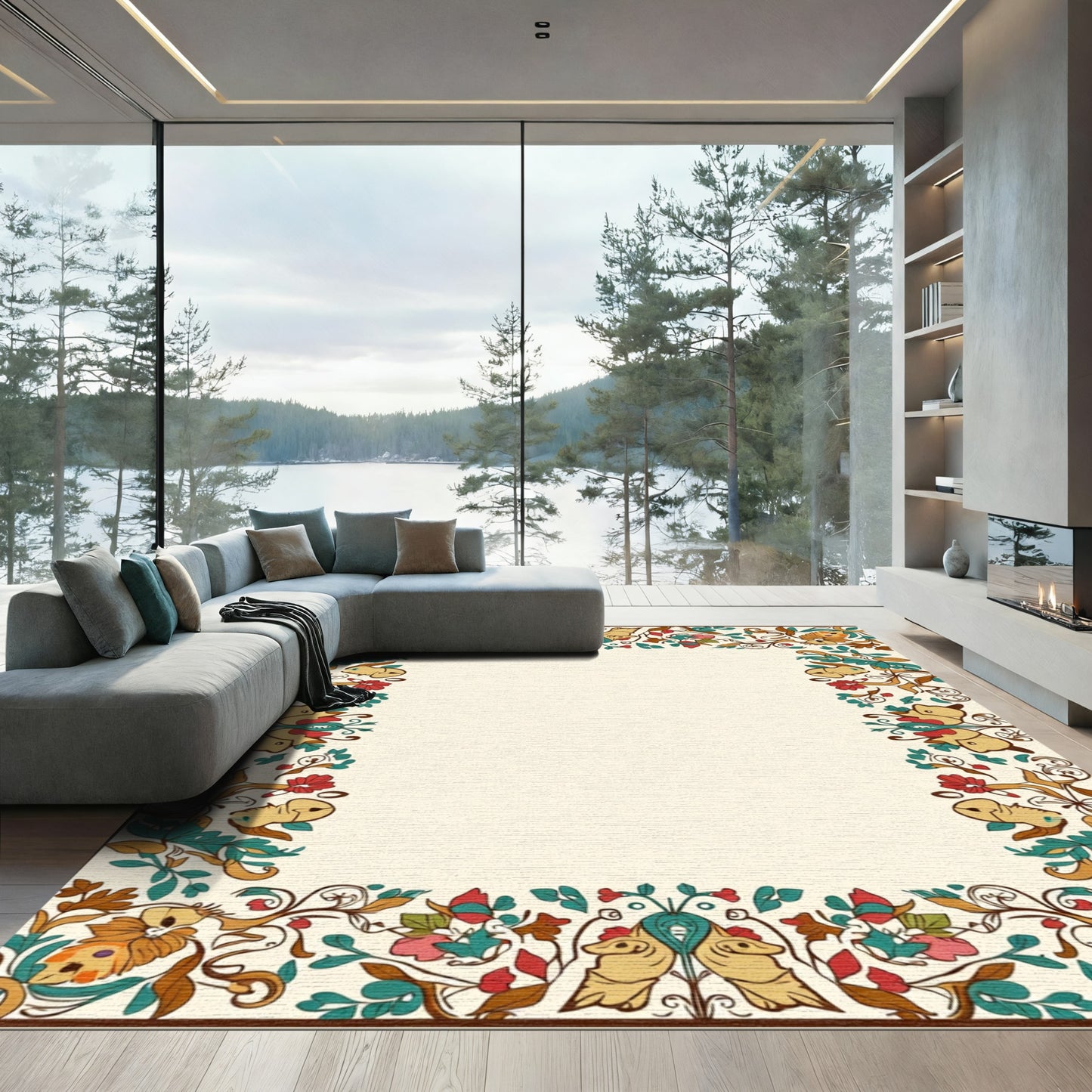 Ornate Floral Animals Border Rug