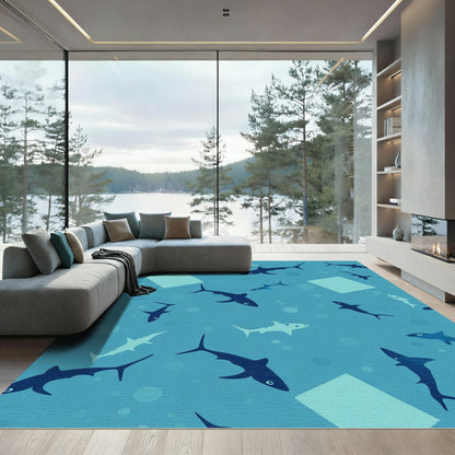 Aqua Blue Shark School Squares Rug